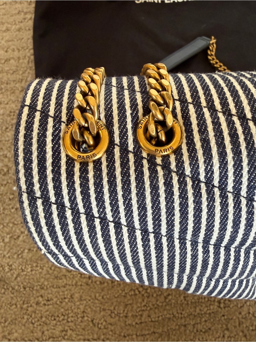 Saint Laurent Navy and White Striped Denim Small Loulou Shoulder Bag - Picture 11 of 12